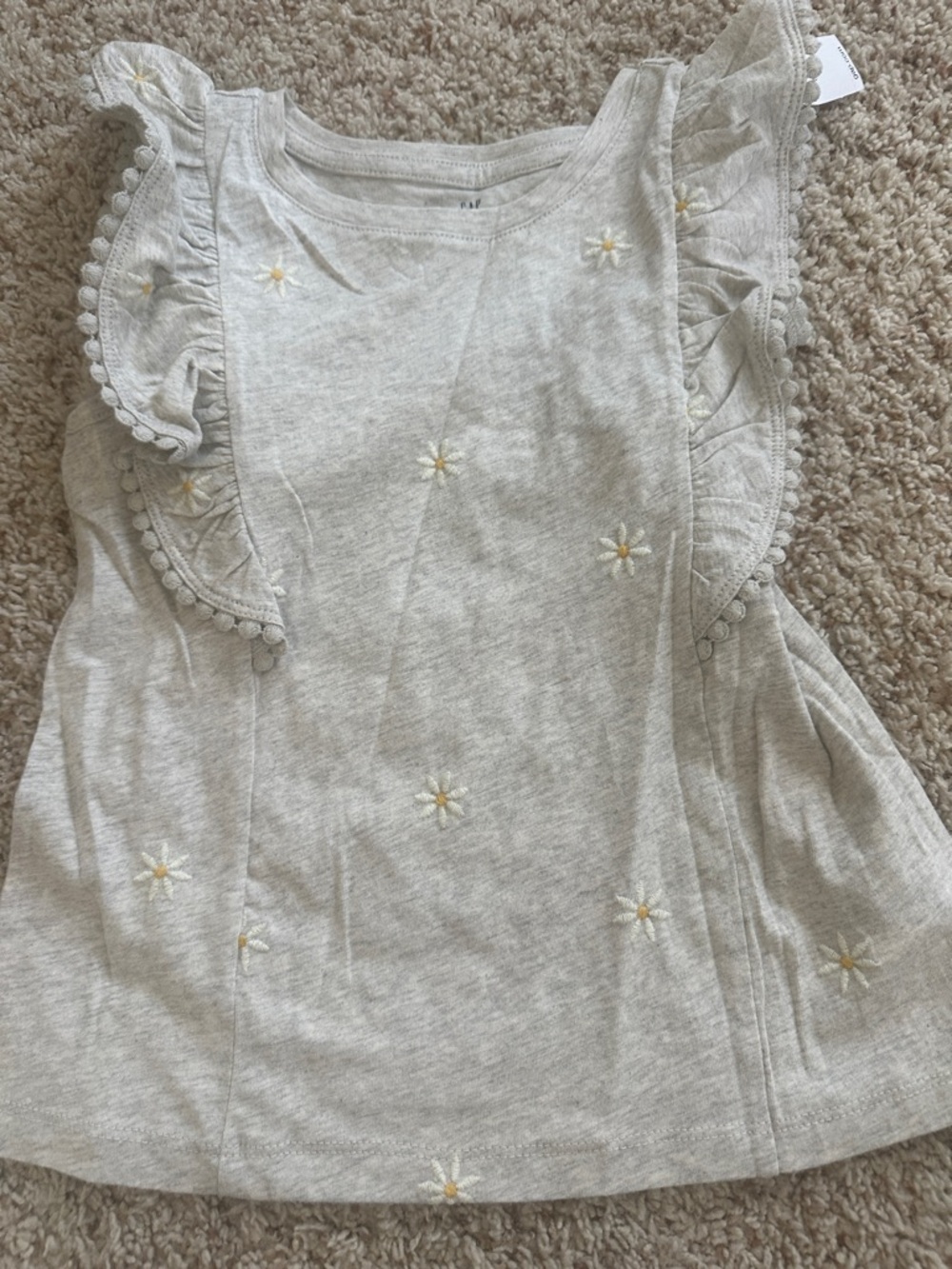 Embroidered Daisy Ruffle Sleeve Tank - Light Heather Gray